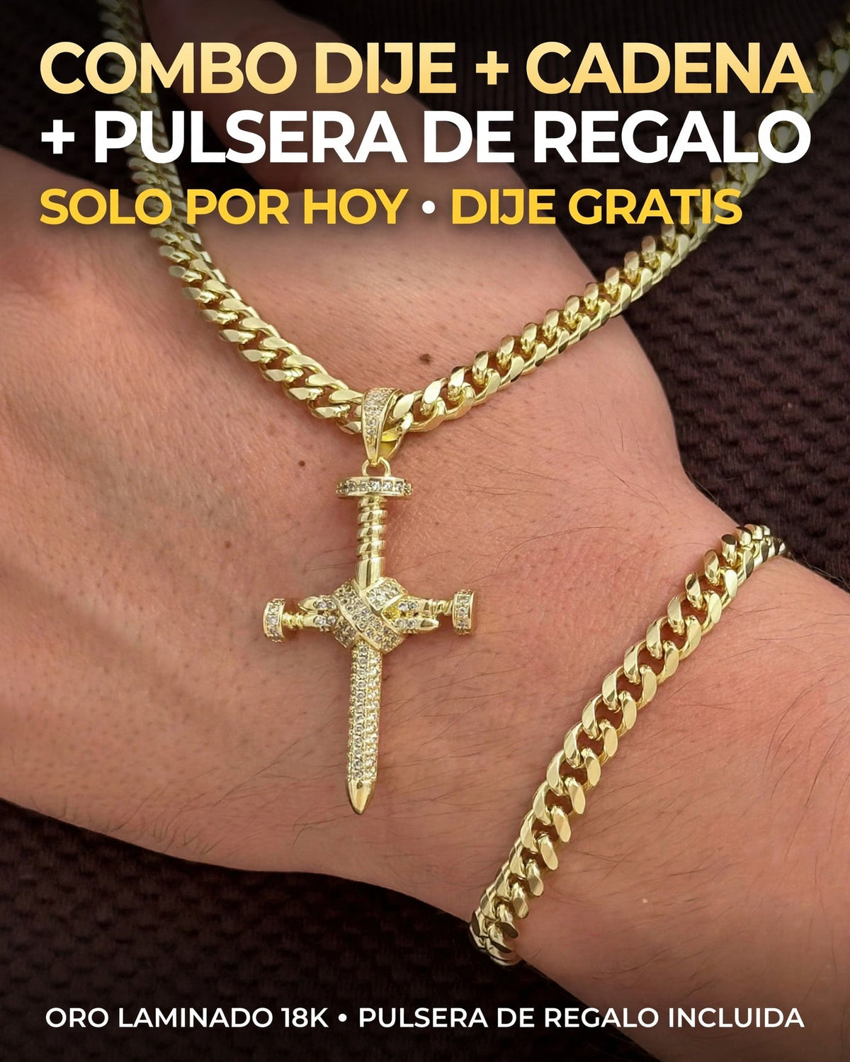 CADENA CUBANA (60CM 4MM) + CRUZ CLAVO +PULSERA GRATIS